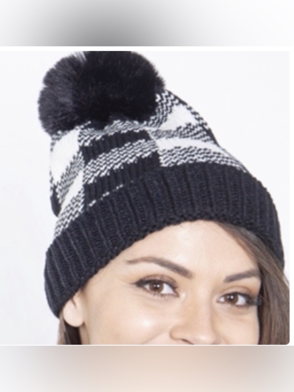 New Black And White  Buffalo Plaid Winter Pom Hat